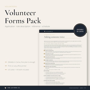 May include: A digital Volunteer Forms Pack template featuring a document titled Asking someone twice. The document includes sections on how to ask, role descriptions, and checklists. The design uses a cream background with dark text and a circular badge.