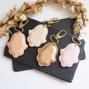 Personalized Leather khomsa puffy keychain full grain good luck charm with gold clasp, handmade for everyday style & positive vibes