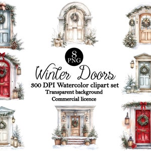 Aquarelle portes maison hiver clipart Noël PNG, décoration de porte de Noël haute résolution, graphiques de Noël neutres à usage commercial, cartes