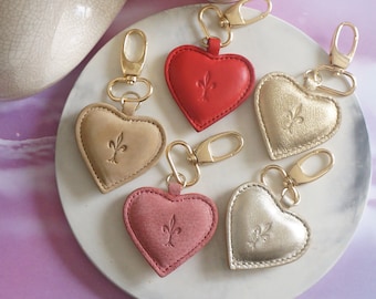 Personalized pink and red shades leather Heart key chain Handmade full grain Leather Heart Keyring, Keychain Bag Charm with gold finding
