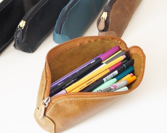 Étui personnalisé à fermeture à glissière en cuir pleine fleur, trousse à crayons, trousse à cosmétiques légère, trousse de rangement pour maquillage, porte-stylo au look classique