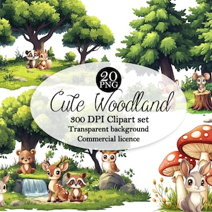 Schattige bos dieren scène clipart, boho bos kinderkamer png hoge resolutie, babyshower kinderkamer illustratie sublimatie, commercieel gebruik