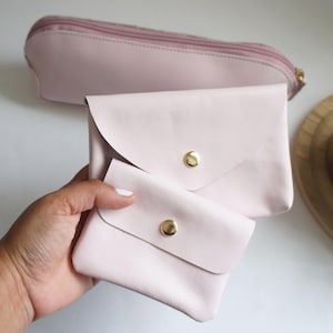 Blush Pink Leather Gift Set, Coin Purse, Snap Pouch or Pen Case, Soft Pastel Accessory Trio, Minimal Handmade Gift for Her minimal trendy