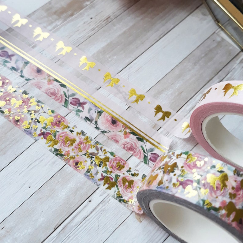 Floral and bows Gold Foiled Washi Tape floral Washi Tapepink Etsy