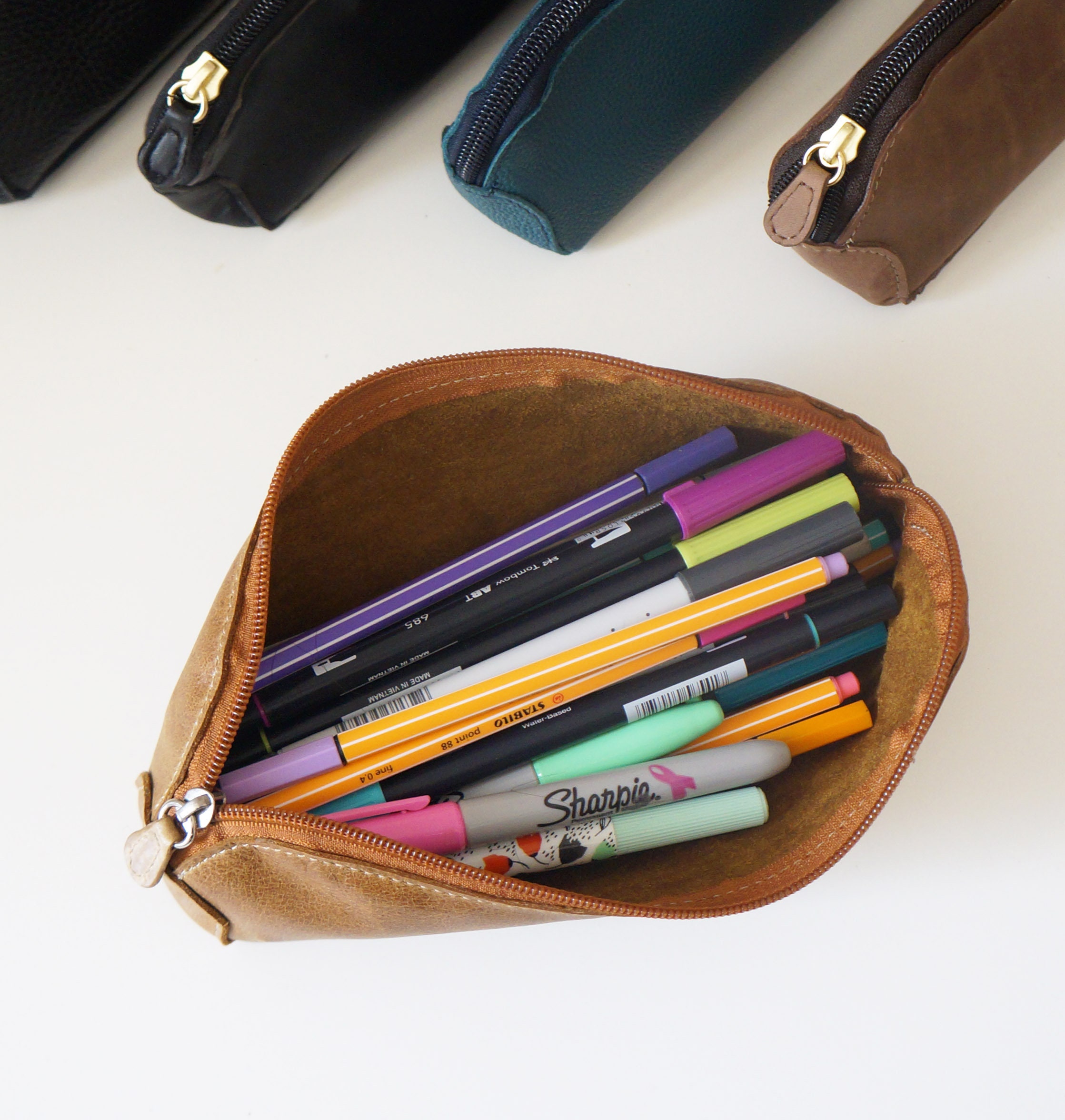 Trousse En Cuir Véritable Londo - Fermeture Éclair, Pour Crayons Ou Maquillage - Taille 18.5x5x3.5 Cm