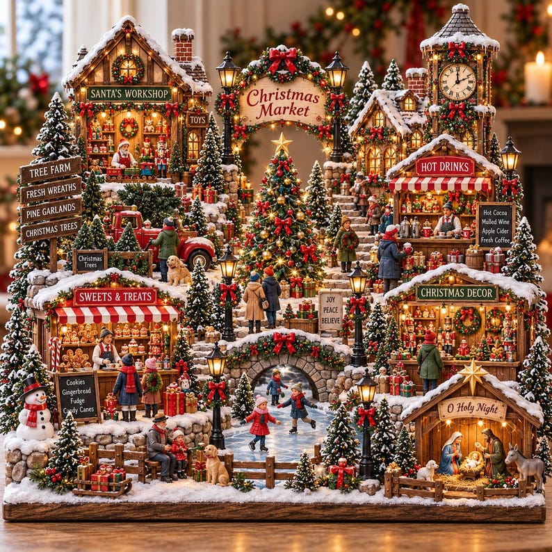 Christmas Village Wooden Block, Lighted Holiday Market Scene, Nativity ...