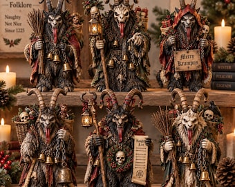 May include: A collection of six detailed Krampus figurines, each featuring horns, fur, and long tongues. The figures hold various items including lanterns, brooms, skulls, bells, and signs with text such as Merry Krampus and Naughty List.