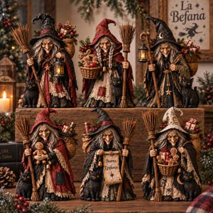 Może przedstawiać: Sześć figurek La Befana przedstawiających starsze czarownice w spiczastych kapeluszach, każda z miotłą i czarnym kotem. Postacie mają na sobie warstwowe, teksturowane ubrania w kolorach czerwieni, czerni i kremu, trzymając kosze i latarnie.