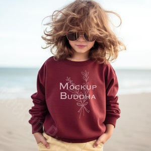 Kids Maroon Crewneck Sweatshirt Mockup, Youth, Beach, Gildan 18000B Maroon Sweatshirt Mockup Children Sweater Mockup, Trendy Kids Mockup