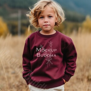 Kids Maroon Crewneck Sweatshirt Mockup, Fall Foliage, Youth, Toddler, Boys Gildan 18000B Maroon Sweatshirt Mockup Children Sweater Mockup