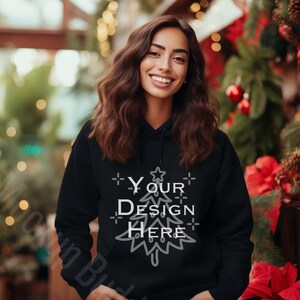 Christmas Gildan 18500 Black Pullover Hoodie Sweatshirt Mockup, Womens Black Hoodie Mockup Poinsettia Holiday Winter Model Mockup Trendy