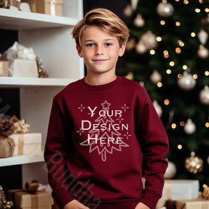 Christmas Kids Maroon Crewneck Sweatshirt Mockup, Youth, Toddler, Boys Winter Gildan 18000B Maroon Sweatshirt Mockup Children Sweater Mockup