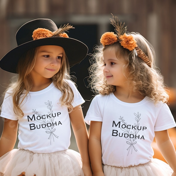 Halloween Kids White t-shirt Mockup, Tutu, Siblings, Group, Bella Canvas White Shirt, Children, Girls Tee Mockup, 3001T, 3001Y, Pumpkins