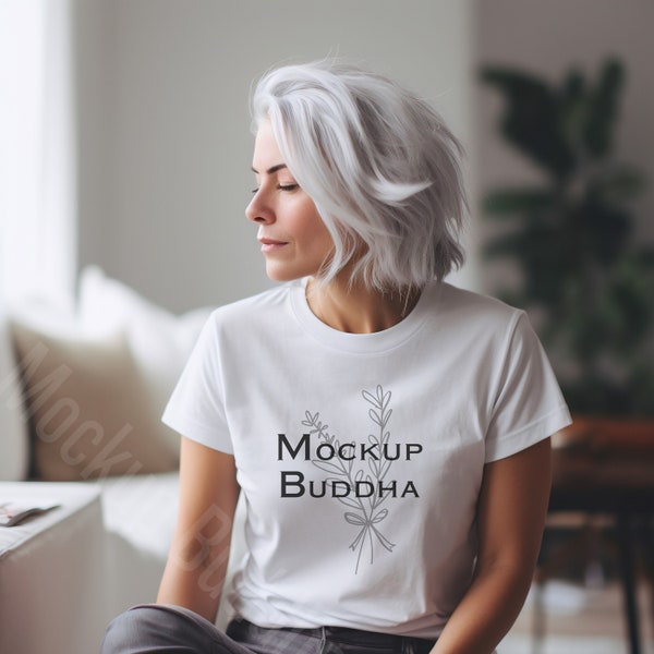 Women's Bella Canvas 3001 White T-Shirt Mockup, Older, Middle Aged Women Tshirt mockup, Unisex Tee Mockup, Model Mockup, Grey Hair, Peaceful