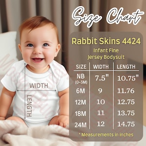 Rabbit Skins 4424 Tabella taglie body in jersey fine per neonati, guida alle taglie per neonati Misure t-shirt, tabella taglie magliette per neonati Modello taglia neonato