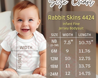 Rabbit Skins 4424 Infant Fine Jersey Bodysuit Size Chart, Infant Size Guide T-shirt Measurements, Baby Shirt Sizing Chart Infant Size Mockup