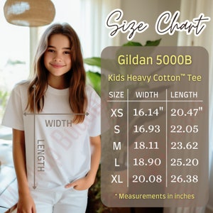 Gildan 5000B Size Chart Kids Heavy Cotton Tee Youth Size Chart, Size Guide, T-shirt Measurements Kids Shirt Sizing Chart Teens Tee Size Mock