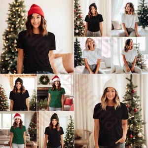May include: A collage of images featuring a person wearing a variety of t-shirts in different colours, including black, white, and green. The person is wearing a beanie in some of the images. The images are set against a backdrop of Christmas trees.