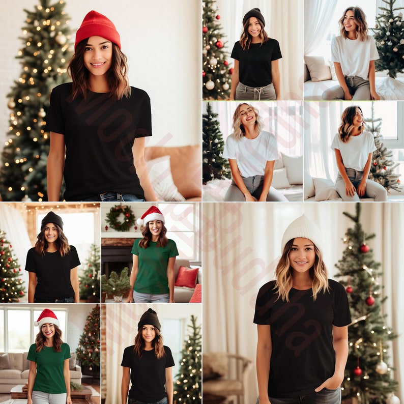 May include: A collage of images featuring a person wearing a variety of t-shirts in different colours, including black, white, and green. The person is wearing a beanie in some of the images. The images are set against a backdrop of Christmas trees.