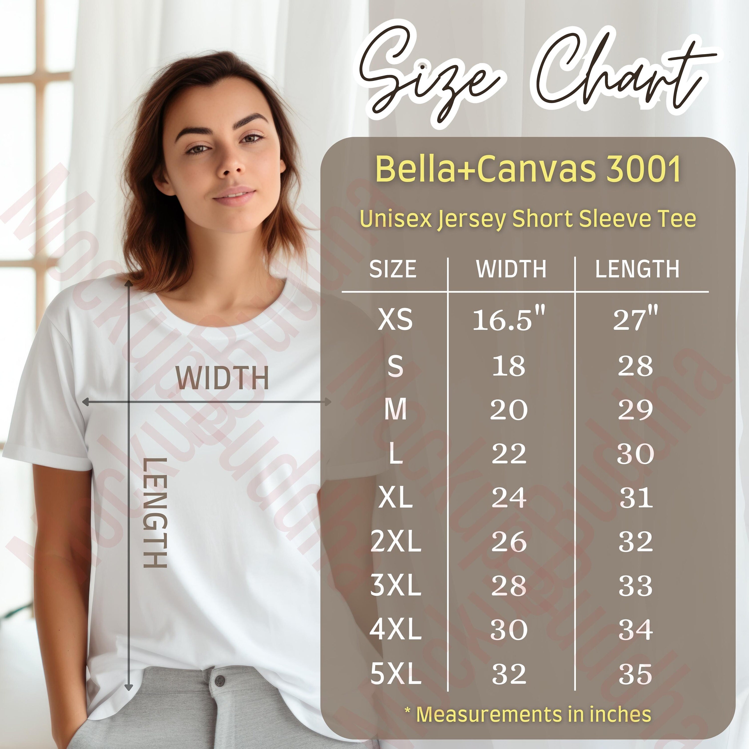 Bella Canvas 3001 Size Chart Unisex Jersey Short Sleeve Tee Size Guide, T-shirt Measurements, BC 3001 Sizing Chart Unisex tshirt Size Mockup