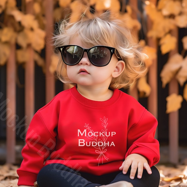 Red Kids Crewneck Sweatshirt Mockup, Girl Gildan 18000B Red Sweatshirt, Rabbit Skins 3317 Red Sweatshirt Mockup, Children Red Sweater Mockup