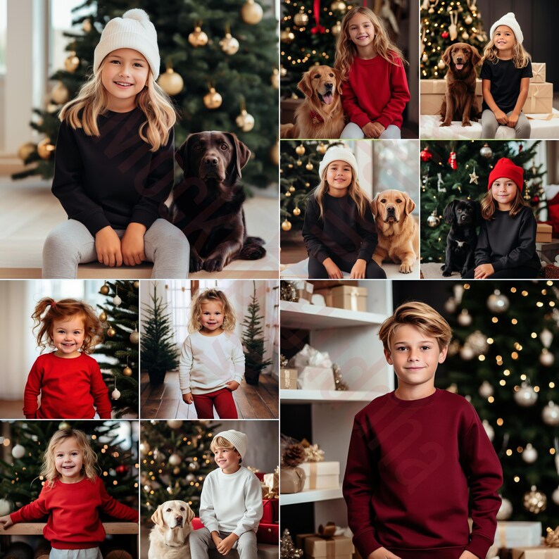May include: A collage of images featuring children and dogs in a festive Christmas setting. The images show children wearing red and black jumpers, and dogs of various breeds, including golden retrievers and labrador retrievers. The images are set against a backdrop of Christmas trees decorated with baubles and lights.
