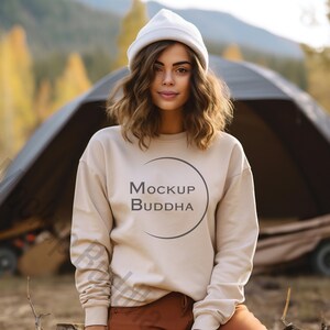 Women's Sand Sweatshirt Mockup Gildan 18000, Camping, Unisex Sweatshirt Mockup Sand, Crewneck Sweatshirt Mockup, Sand Sweater Mock Nature