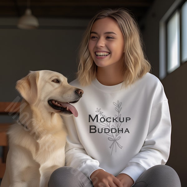 White Sweatshirt Mockup Gildan 18000, Unisex Crewneck Sweatshirt Mockup Color White, Mockup with Dog, POD Mockup, Female Sweatshirt Mockup