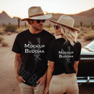 Front and Back Couples Black t-shirt Mockup, Bella Canvas 3001 Desert Shirt Mockup, Sunset Shirt Mockup, Graphic Tee Mockup, Cowboy Cowgirl