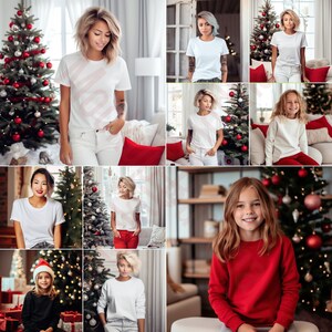 May include: A collage of images featuring people wearing white t-shirts and red sweaters in various poses. Some images feature Christmas trees decorated with red baubles.