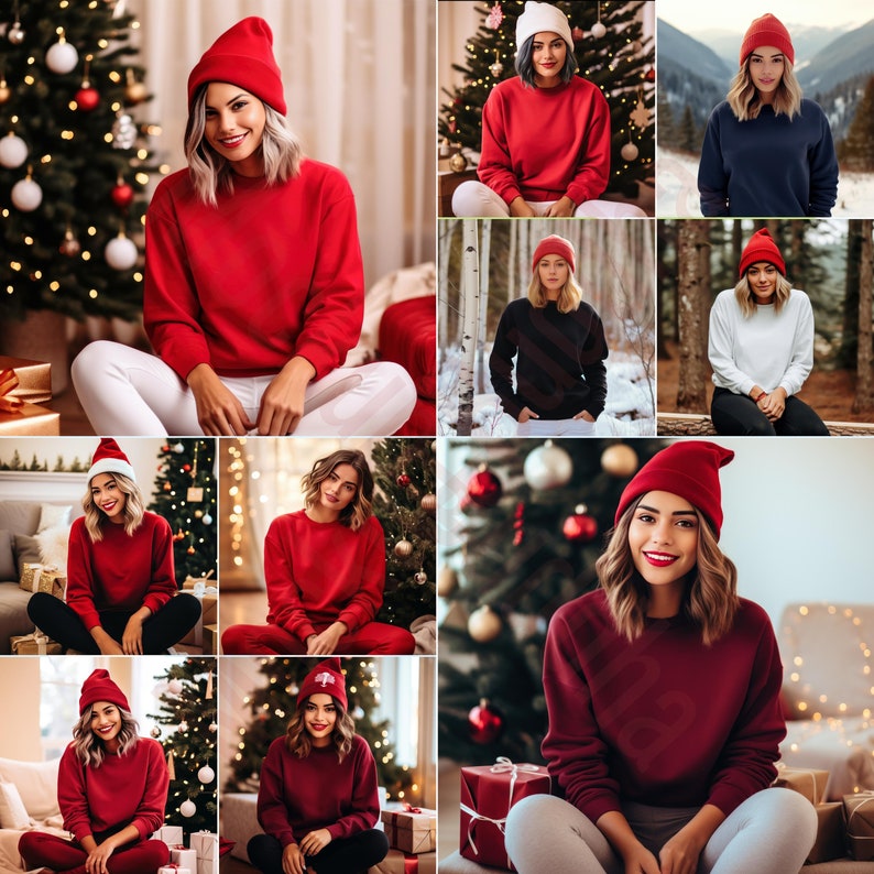 May include: A collage of images featuring women wearing red, white and black jumpers with Santa hats. The images are set against a backdrop of Christmas trees and winter scenes.