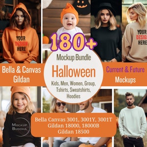May include: Promotional image for a Halloween-themed apparel mockup bundle. The image displays models wearing t-shirts, sweatshirts, and hoodies. Text includes "180+ Mockup Bundle Halloween" and brand names such as Bella & Canvas and Gildan.