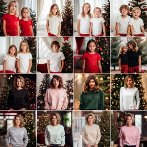 May include: A collage of photos featuring people wearing various long-sleeved shirts in front of Christmas trees. The shirts are in different colours, including white, red, black, green, pink and beige.