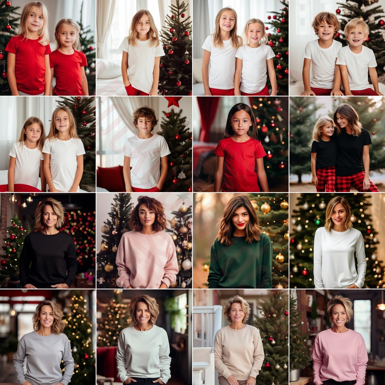 May include: A collage of photos featuring people wearing various long-sleeved shirts in front of Christmas trees. The shirts are in different colours, including white, red, black, green, pink and beige.