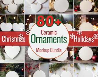 May include: A collage of 80+ white ceramic Christmas ornaments in various shapes, including circles and hearts. The ornaments are hanging from strings and are displayed against a variety of backgrounds, including wood, greenery, and red and gold decorations. The text "80+ Ceramic Ornaments Mockup Bundle" is displayed in the center of the image.