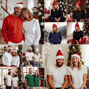 May include: A collage of photos featuring couples wearing red and white Christmas jumpers and hats. The photos are set against a backdrop of Christmas trees and festive decorations.