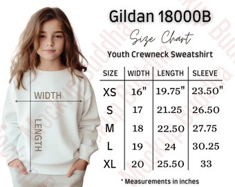 Gildan 18000B Size Chart Youth Crewneck Sweatshirt, Size Guide, T-shirt Measurements, Kids Teens Sweatshirt Sizing Chart Child Size Mockup