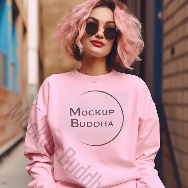 Light Pink Sweatshirt Mockup Gildan 18000, Unisex Sweatshirt Mockup, Crewneck Sweatshirt Mockup, Light Pink Sweater Mockup, Pink Hair Mockup