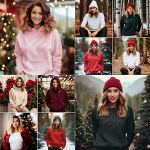 May include: A collage of nine images featuring people wearing various coloured sweatshirts and beanies. The sweatshirts are in shades of pink, red, green, and black. The beanies are in shades of red and white.