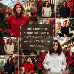 May include: A collage of photos featuring women wearing various coloured hoodies in a winter setting. The text "This Christmas bundle includes all current and future winter + Christmas mockups." is displayed in the centre of the image.