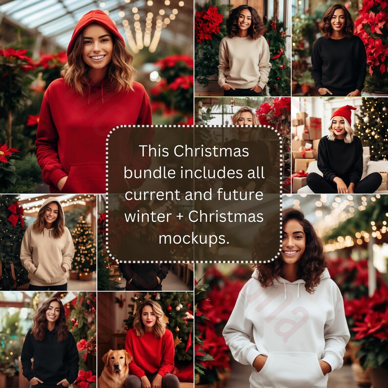 May include: A collage of photos featuring women wearing various coloured hoodies in a winter setting. The text "This Christmas bundle includes all current and future winter + Christmas mockups." is displayed in the centre of the image.