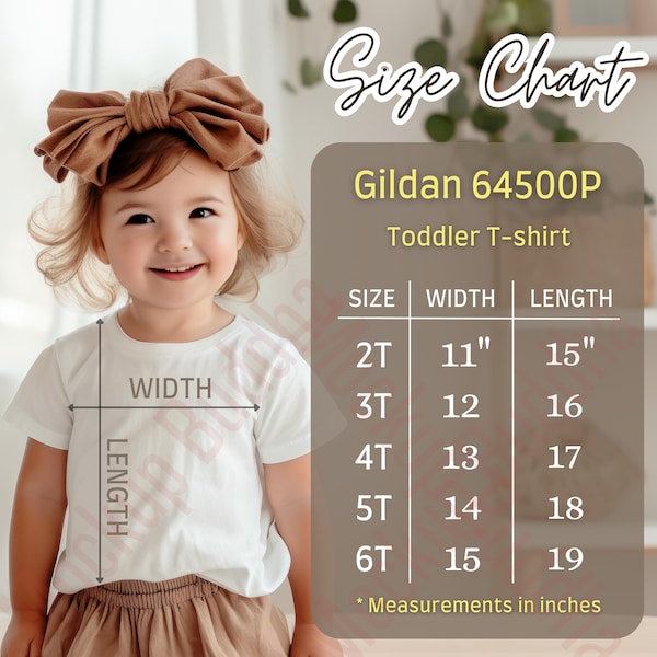 Gildan 64500P Toddler T-shirt Size Chart, Size Guide, T-shirt Measurements, Kids Shirt Sizing Chart Gildan Size Mockup Child Tee Size Mockup