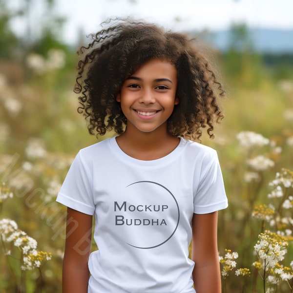 Kids White t-shirt Mockup, Bella Canvas White Shirt Mockup Children, Black Girl, Teens, Wild Flowers, Bella Canvas 3001T, 3001Y Tee, Garden