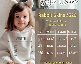 Rabbit Skins 3326 Toddler Pullover Fleece Hoodie Size Chart, Size Guide, T-shirt Measurements, Kids Hooded Sizing Chart Toddler Size Mockup