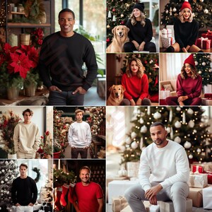 May include: A group of people wearing jumpers in a variety of colours, including red, white, and black. They are standing in front of Christmas trees decorated with baubles and lights. Some people are holding presents.