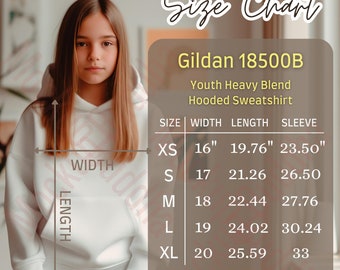 Gildan 18500B Size Chart Youth Heavy Blend Hooded Sweatshirt, Size Guide, Kids Teens Hoodie Sizing Chart Size Mockup, T-shirt Measurements