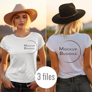 Front and Back of White Bella Canvas 3001 T-Shirt Mockup Bundle, Desert Tshirt mockup, Womens Tshirt Mockup White, Shirt Mockup Front & Back