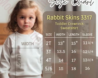 Rabbit Skins 3317 Toddler Crewneck Sweatshirt Size Chart, Size Guide, T-shirt Measurements, Kids Sweatshirt Sizing Chart Toddler Size Mockup