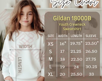 Gildan 18000B Youth Crewneck Sweatshirt Size Chart, Size Guide, T-shirt Measurements, Kids Teens Sweatshirt Sizing Chart Child Size Mockup