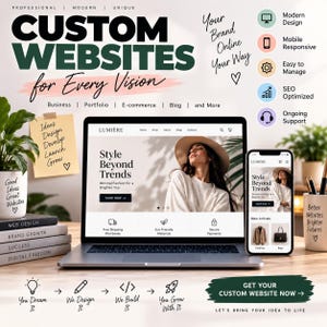 Może przedstawiać: Laptop i smartfon wyświetlają stronę internetową o nazwie Lumiere z tekstem Custom Websites for Every Vision. Obraz zawiera ikony nowoczesnego designu, responsywności mobilnej, łatwego zarządzania, optymalizacji SEO i stałego wsparcia.